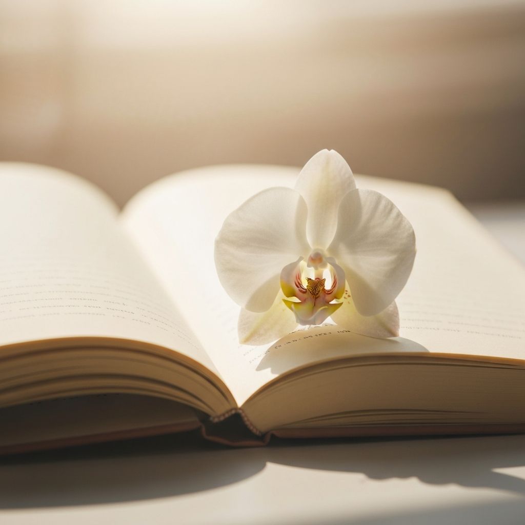 Open journal beside single delicate flower in soft natural light