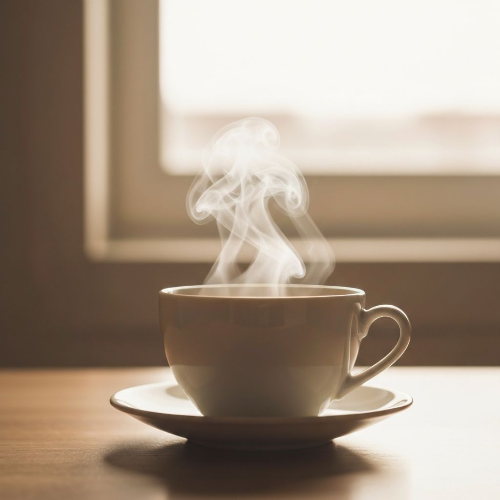 Warm tea cup with steam in soft window light
