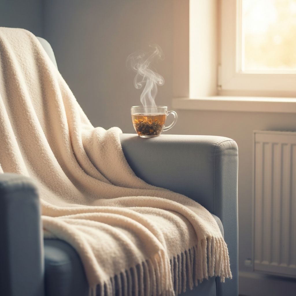 Cosy blanket with steaming herbal infusion in natural window light